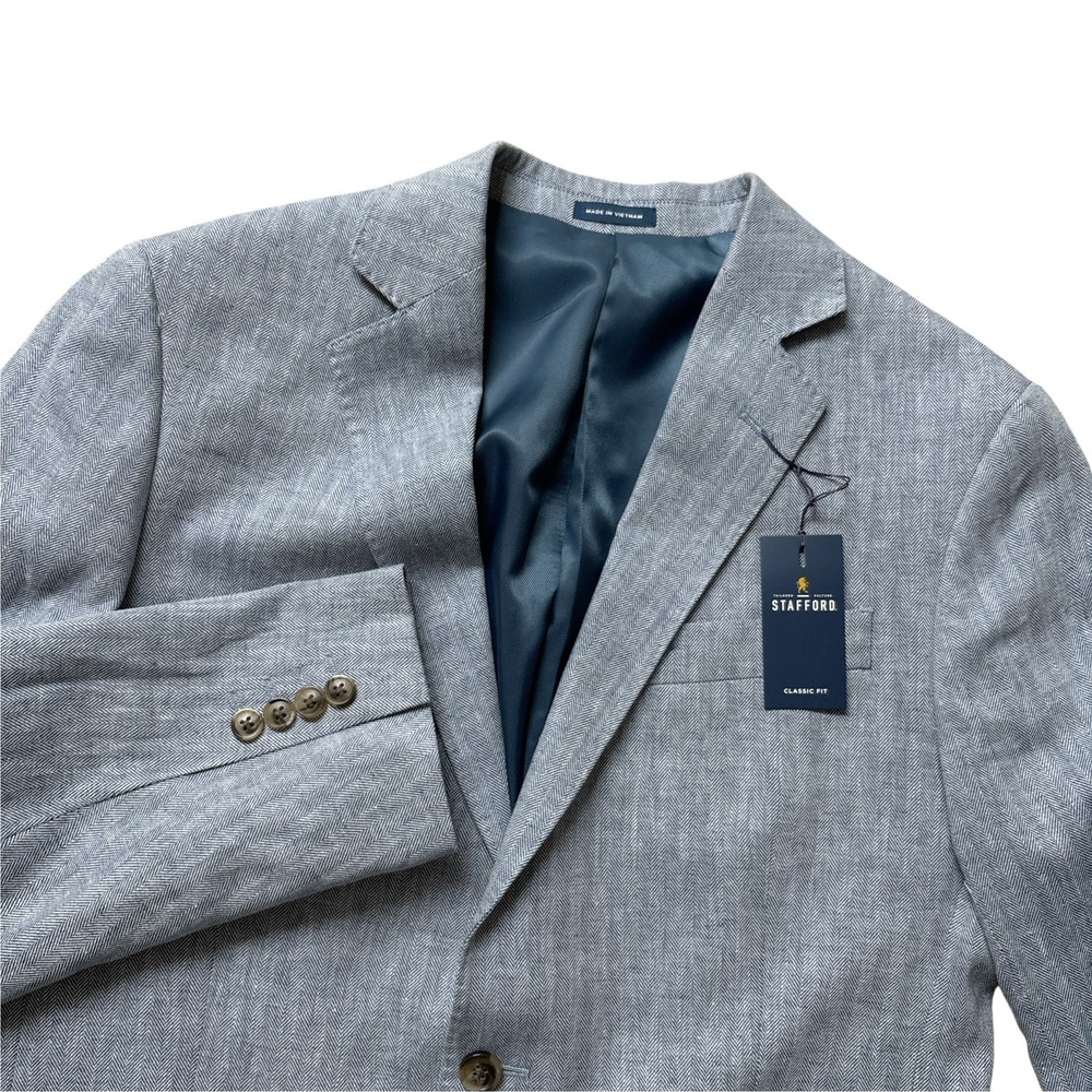 Stafford Linen Cotton Blazer Mens 40R Light Blue Herringbone Sport Jacket Coat